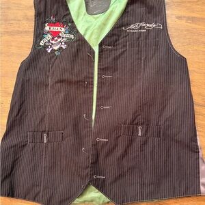 Y2K Vintage Ed Hardy Brown Teal Vest Rayon ‘Love kills Slow’ skull Large